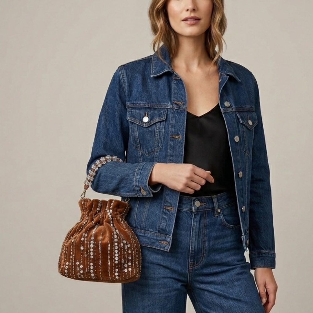 Anthropologie Brown Velvet Beaded & Embellished Pouch